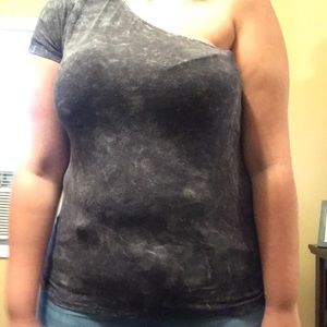 Gray and White One Shoulder Tee